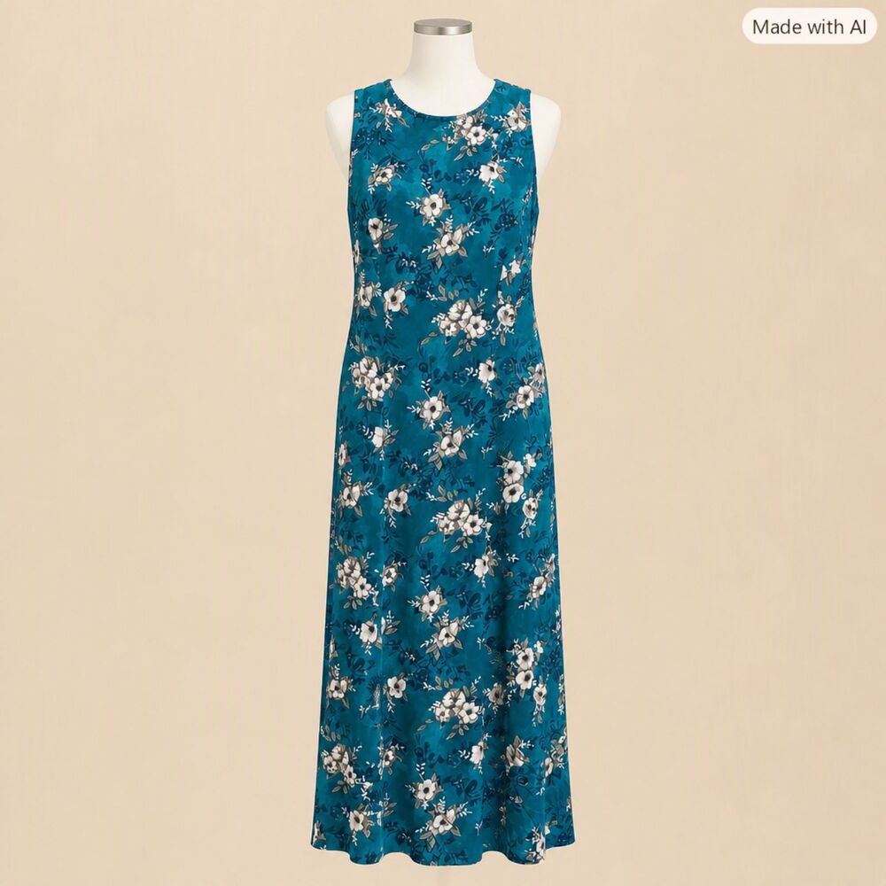 Teddi Teal Floral Sleeveless Maxi Dress – Size 12 (Fits Modern 10) – 100% Rayon